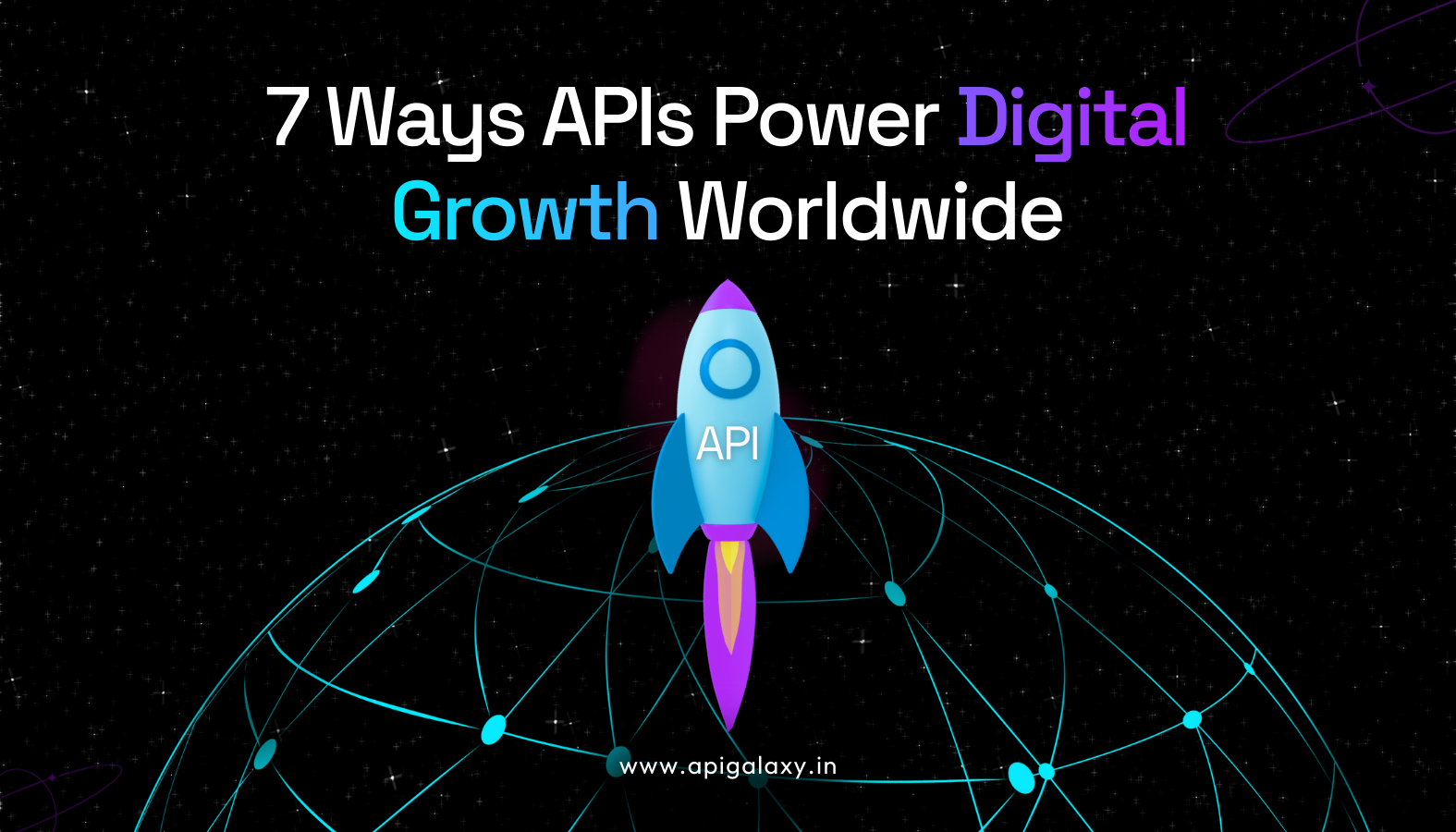 Rocket labeled API launching over a digital globe, symbolizing how APIs power speed, scalability, and global digital growth in 2025.