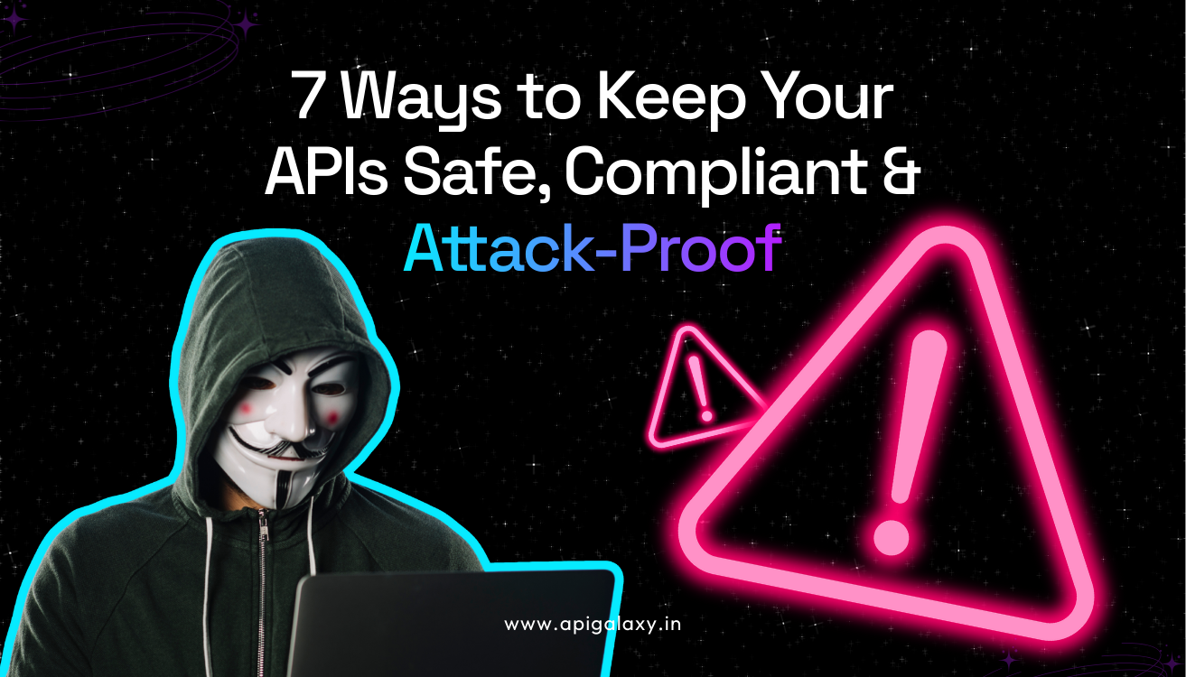 Hacker with laptop beside warning icons, representing API Security 2025 strategies to keep APIs safe, compliant, and attack-proof.