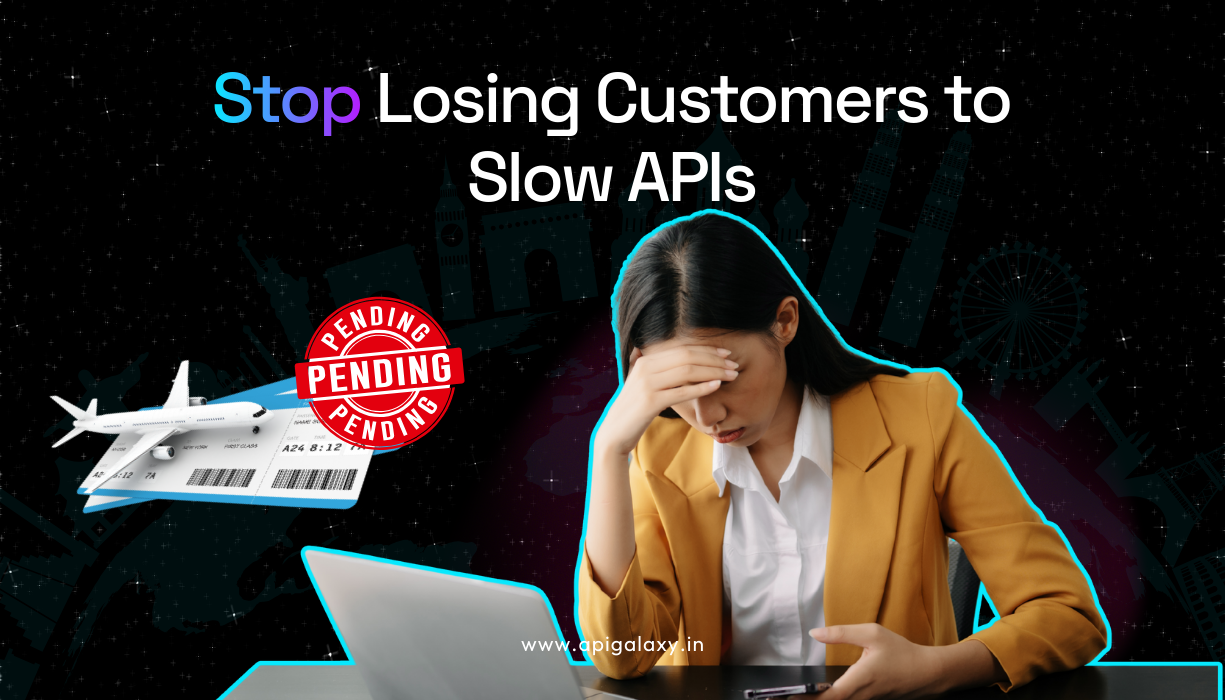 Frustrated woman with laptop and phone experiencing pending flight booking issues, symbolizing how slow Travel APIs damage customer trust and business growth.