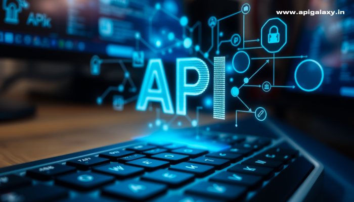 API integration concept on digital screen above keyboard, showcasing secure, scalable, and real-time API solutions for modern businesses and startups.