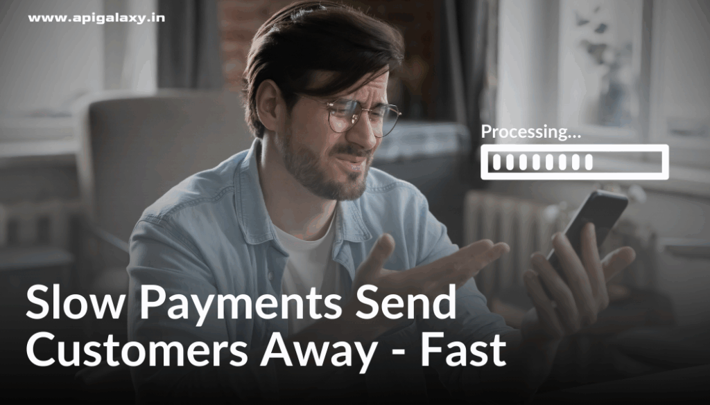 Frustrated man waiting on phone screen showing “Processing,” with text overlay “Slow Payments Send Customers Away Fast” — highlighting need for a reliable Bill Payment API.