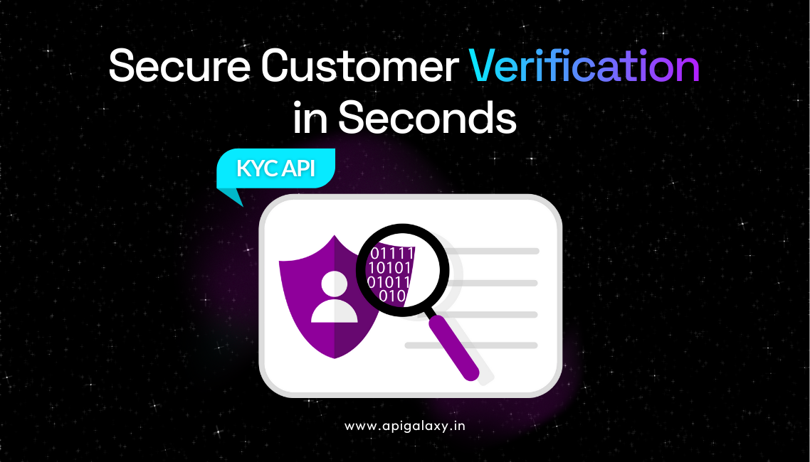 KYC API banner showing digital identity verification with shield and magnifying glass, representing fast and secure customer onboarding