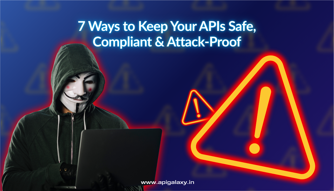 Hacker with laptop beside warning icons, representing API Security 2025 strategies to keep APIs safe, compliant, and attack-proof.