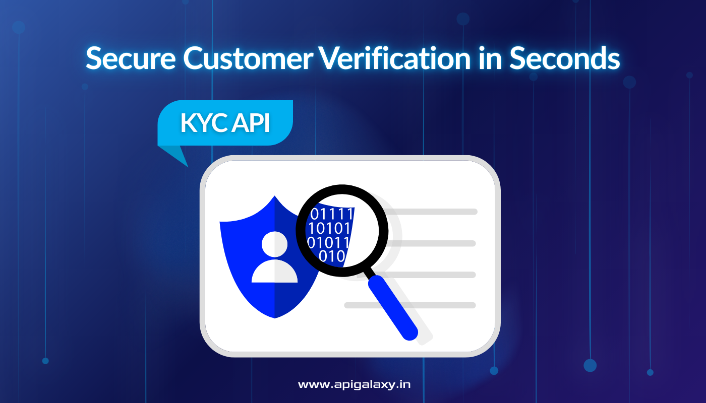 KYC API banner showing digital identity verification with shield and magnifying glass, representing fast and secure customer onboarding
