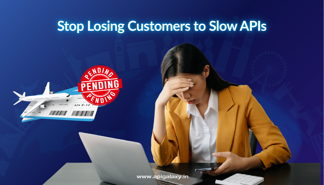 Frustrated woman with laptop and phone experiencing pending flight booking issues, symbolizing how slow Travel APIs damage customer trust and business growth.