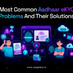 Aadhaar eKYC Problems illustration showing biometric verification errors, failed OTP, server issues, and digital identity verification challenges with API Galaxy branding.