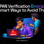 Illustration of two young Indian professionals in a modern office troubleshooting a PAN verification error on a laptop, with one team member pointing at an analytics dashboard. The design uses neon purple (#b31efe) and cyan (#07eaff) accents against a dark tech-inspired background.
